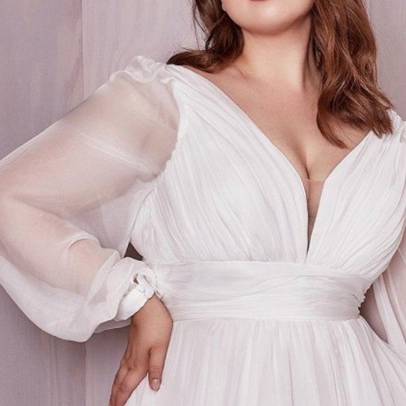 OFF WHITE WEDDING BRIDAL EVENING A-LINE CHIFFON LONG SLEEVE BRIDAL GOWN  CD0192 - Picture 4 of 9